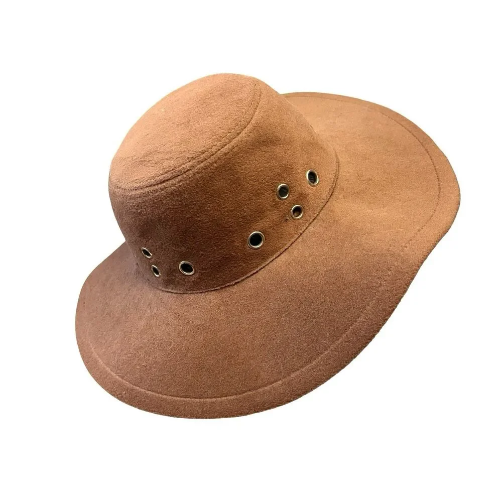 RUE 21 Tan Felt Fedora Hat with Grommets Wide Brim Billy Jack Boho Floppy